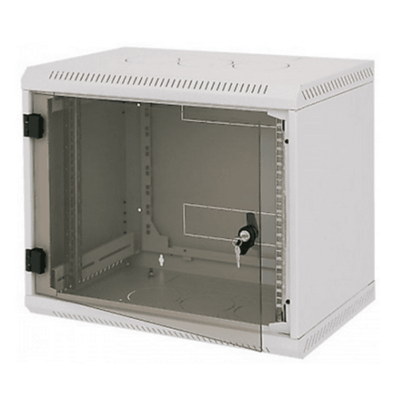 Rack de perete Triton sectiune simpla 18U 500mm adancime usa sticla panouri laterale fixe sectiuni ventilatie activa, sectiuni acces cabluri sus/jos/spate securizare cu cheie, 1 pereche montanti reglabili IP30 gri