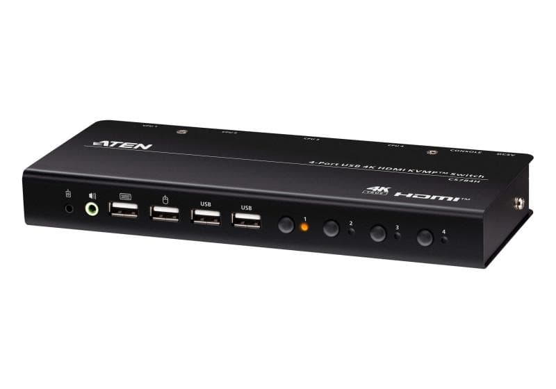 Switch KVM ATEN CS784H. Tastatură de tip port: USB, Mouse tip de port: USB, Video Type portul: HDMI. Tip HD: 4K Ultra HD, Rezoluţia maximă: 4096 x 2160 Pixel, Lungime de bandă video: 60 Hz. Culoarea produsului: Negru, Material carcasă: Metal, Din material plastic. Sursă de alimentare: DC, Consum de