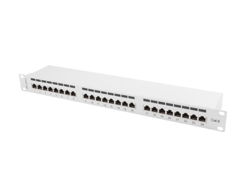 Patch panel 24 porturi 1U 19" Cat.6 FTP cu organizator cabluri, ecranat, gri
