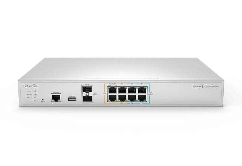 EnGenius Managed 19i 8 x 2.5 GbE + 2 x SFP+ port, USB port for 4G/5G backup SD-WAN Gateway with 4 x PoE+ Security Gateway, 2× 10GbE SFP+ WAN, 4× 2.5GbE LAN, Enterprise-grade Dual-WAN, Advanced Firewall & VPN, VLANs, Cloud-managed