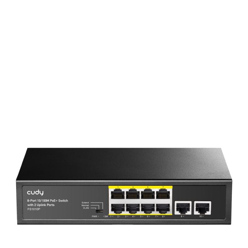 CUDY 8-Port 10/100M PSE RJ-45  +2 RJ45 10/100M Uplink Port Unmanaged PoE+ Switch, CCTV/VLAN/Watchdog ON/OFF Switch(New version), long distance:250M at CCTV mode.  802.3af/at standard, Support PD Alive Function, ±4 KV Surge Protection, Alternative 1/2(+),3/6(-),Steel Case, 120W Internal Power Supply