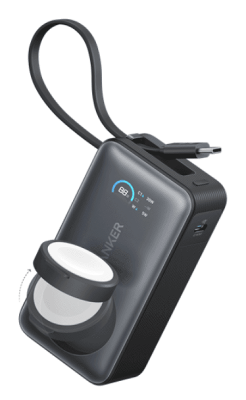 Acumulator extern Anker MagGo Apple Watch,10000 mAh, Ultra-Slim, Qi2 35W, cablu USB-C incorporat negru
