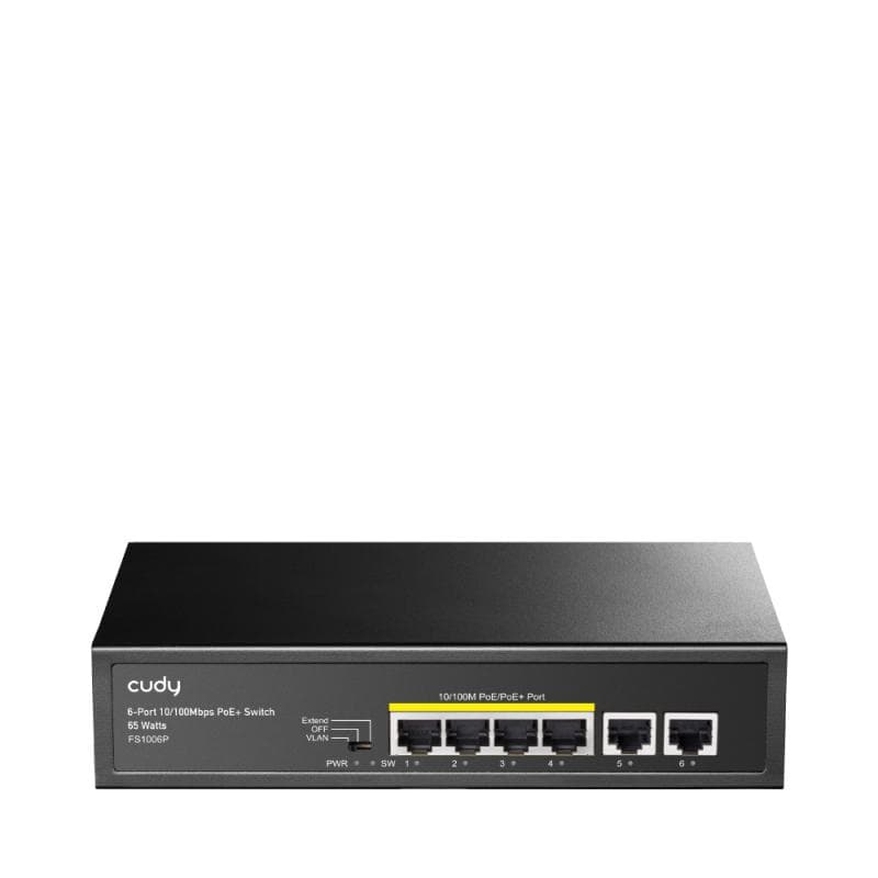 CUDY 6-Port 10/100M PoE Switch with 4 POE Ports Unmanaged Desktop Switch, support 4-port IEEE 802.3at PoE+ Injector (Port-1 to Port-4), Supports PoE power up to 30W for each PoE port, CCTV Mode (Transmit distance up to 250m at 10Mbps), Fanless, ±4KV Surge Protection, Steel case, Watchdog, 60W