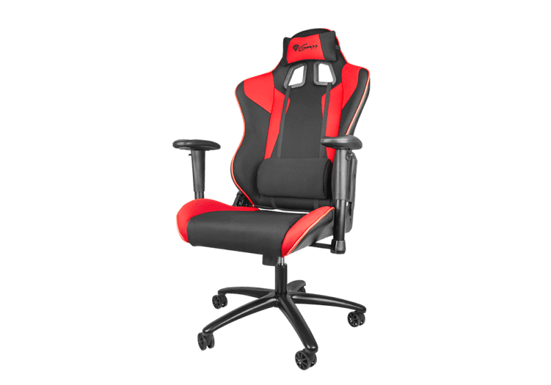 Scaun gaming Genesis Nitro 770, material piele ecologica + Textil, reglabil pe inaltime, greutate maxima suportata 150 kg, inaltime scaun reglabil 45.5 - 54.5 cm, spatar ajustabil 180°, dimensiuni roti 60mm, echipat cu piston cu gaz clasa 4, manere 2D, negru/rosu