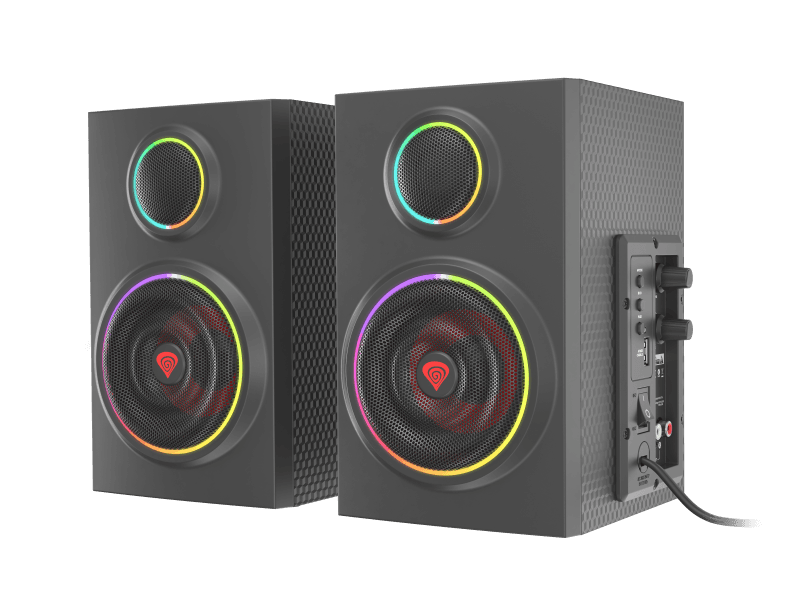 Sistem audio 2.0 Genesis HELIUM 300BT, putere totala RMS 24 W, frecventa raspuns 100 - 20000 Hz, material lemn, iluminare ARGB, negru