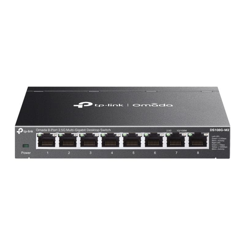 Switch TP-Link DS108G-M2, 8 x porturi RJ-45, viteza LAN 10/100/1000/2500 Mbps, standarde IEEE 802.3u, 802.3ab, 802.3x, 802.1p, 802.3bz, caracteristici speciale 802.3X Flow Control, 802.1p/DSCP QoS, IGMP Snooping, Store and Forward