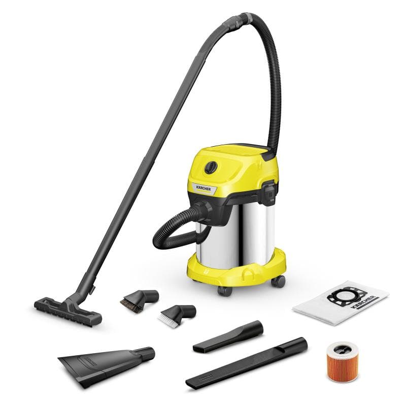 Kärcher WD 3 S V-17/4/20. Maximum input power: 1000 W. Type: Drum vacuum, Cleaning type: Dry&wet, Dust container type: Dust bag, Dust capacity: 17 L. Dirt separating method: Filtering. Product colour: Stainless steel, Yellow