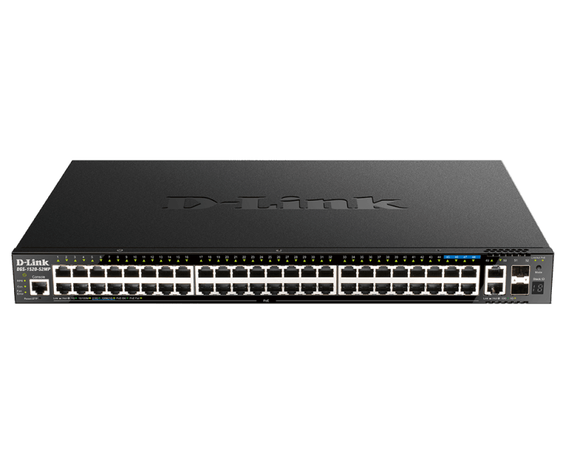 Switch D-Link DGS-1520-52MP, 48 porturi Gigabit, 2 porturi SFP+, Capacity 80Gbps, 16K MAC, 17" Rackmount, 1*fan