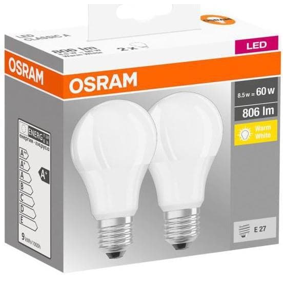 2 Becuri LED Osram Base Classic A, E27, 8.5W (60W), 806 lm, luminacalda(2700K)