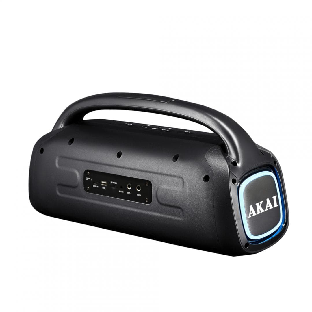 Boxa portabila Akai BT 5.0, putere RMS 60W, tensiune nominală: AC100-240V~,50Hz/60H, sensibilitate: 300±50mV, baterie: 7.4V 3600mAh, timp de incarcare:̃̃̃ ~4-6h, timp de lucru: ~ 3-5h, raspuns in frecventa: 60Hz-15KHz, puterea de emisie a canalului Bluetooth 0dbm, nr. difuzor și dimensiuni 2* 5" + — miniatură