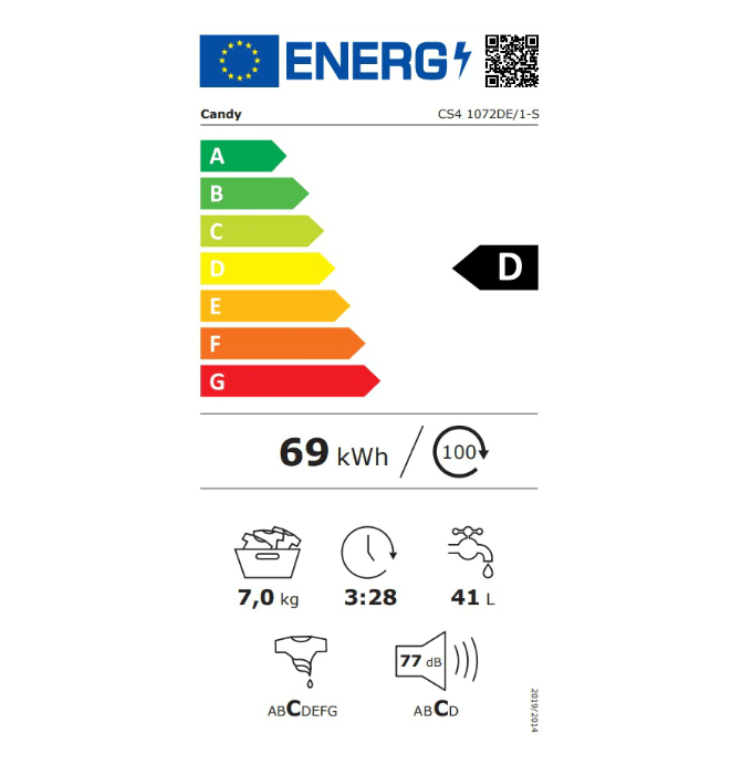 Masina de spalat rufe Candy Smart CS4 1072/1-S, SLIM, 7 kg, 1000 rpm, Clasa D, Easy Iron, Kg Detector, Alb — miniatură