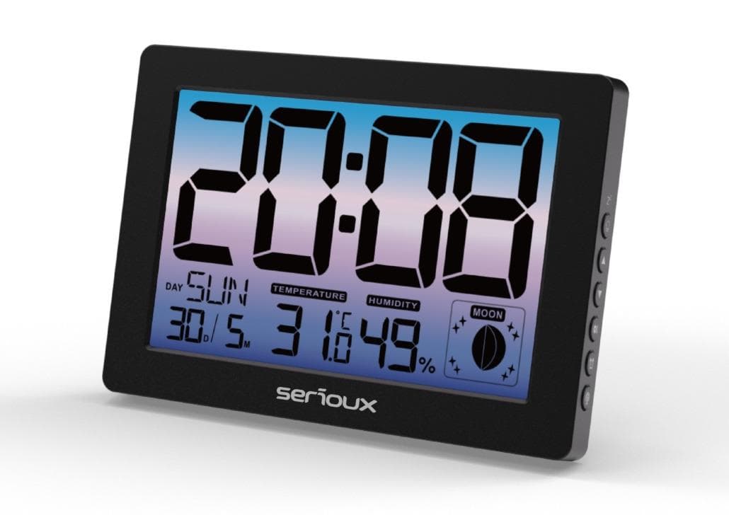Ceas termometru higometru de camera TH86145, caracteristici: temperatura interioară, afișare ora, calendar, faza lunii, alarmă SPECIFICAȚII: alimentare: adaptor DC 5V 150 mA, baterii: 3x baterii AAA (nu sunt incluse), unitate de temperatură: C&F, interval de afișare a temperaturii: -9,9 — miniatură