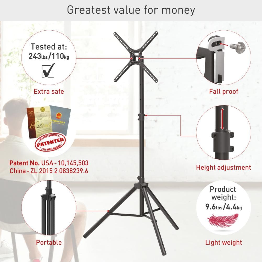 Suport tripod portabil de podea pentru TV plat/curbat Barkan, 13" - 65", VESA 400x400mm, Max 110kg, Negru — miniatură
