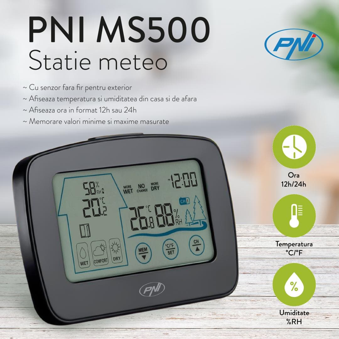 Statie meteo PNI MS500 cu senzor extern fara fir, afiseaza temperatura si umiditatea interioara si exterioara, memorie valori climaterice minime si maxime, Alimentare: 3 x baterii AAA 1.5V, Interval masurare: -9.9°C ~ +50°C / +14°F ~ +122°C, Interval masurare umiditate: 20% ~ 95%RH, Afisare ora — miniatură