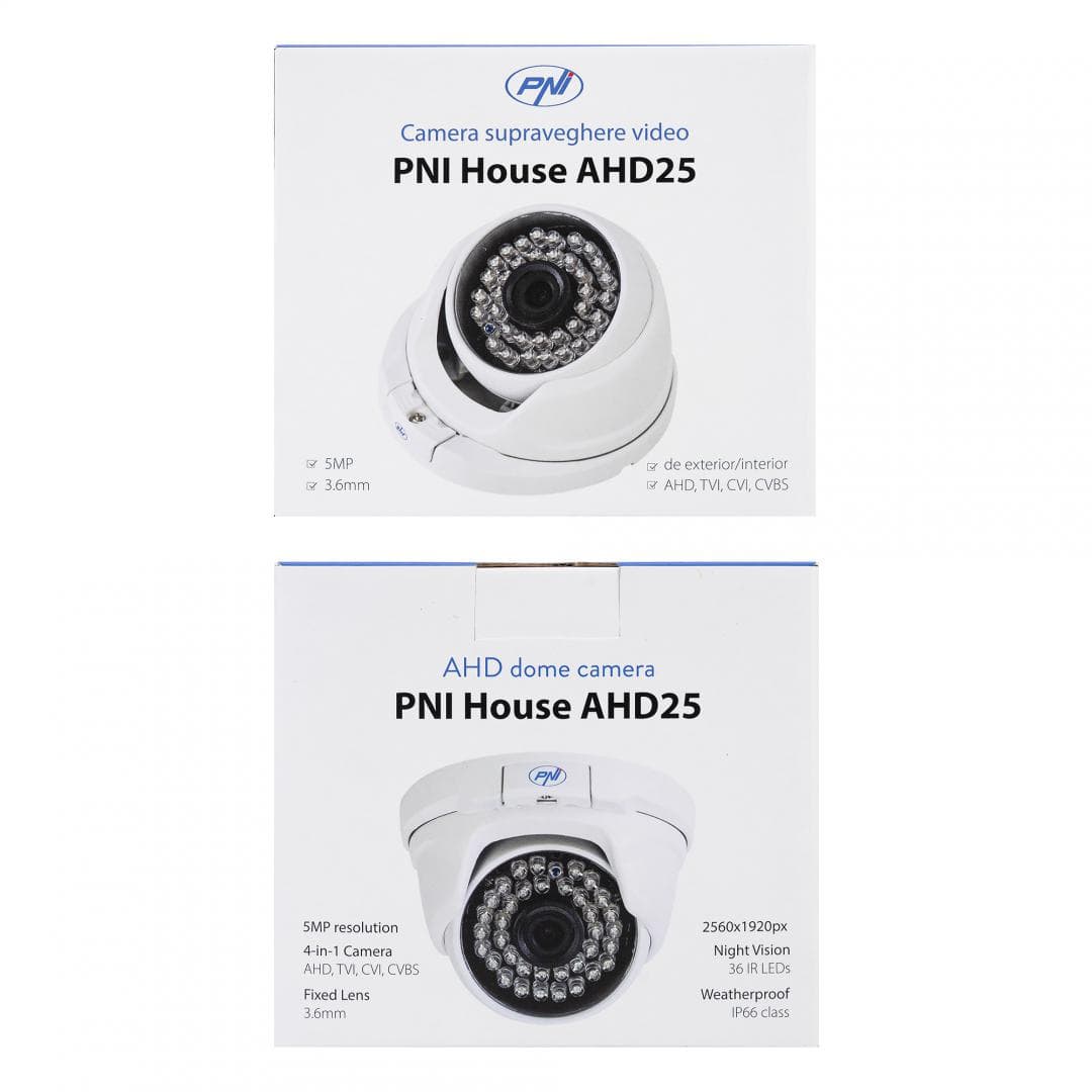 Camera supraveghere video PNI House AHD25 5MP, dome, lentila 3.6mm, 36 LED-uri IR, de exterior sau interior, IP66, Sistem TV: PAL, IR 25m, Dimensiuni: 100 X 105 X 75 mm, Rezolutie imagine: 2560 x 1920 px, Lentile: 3.6mm. — miniatură