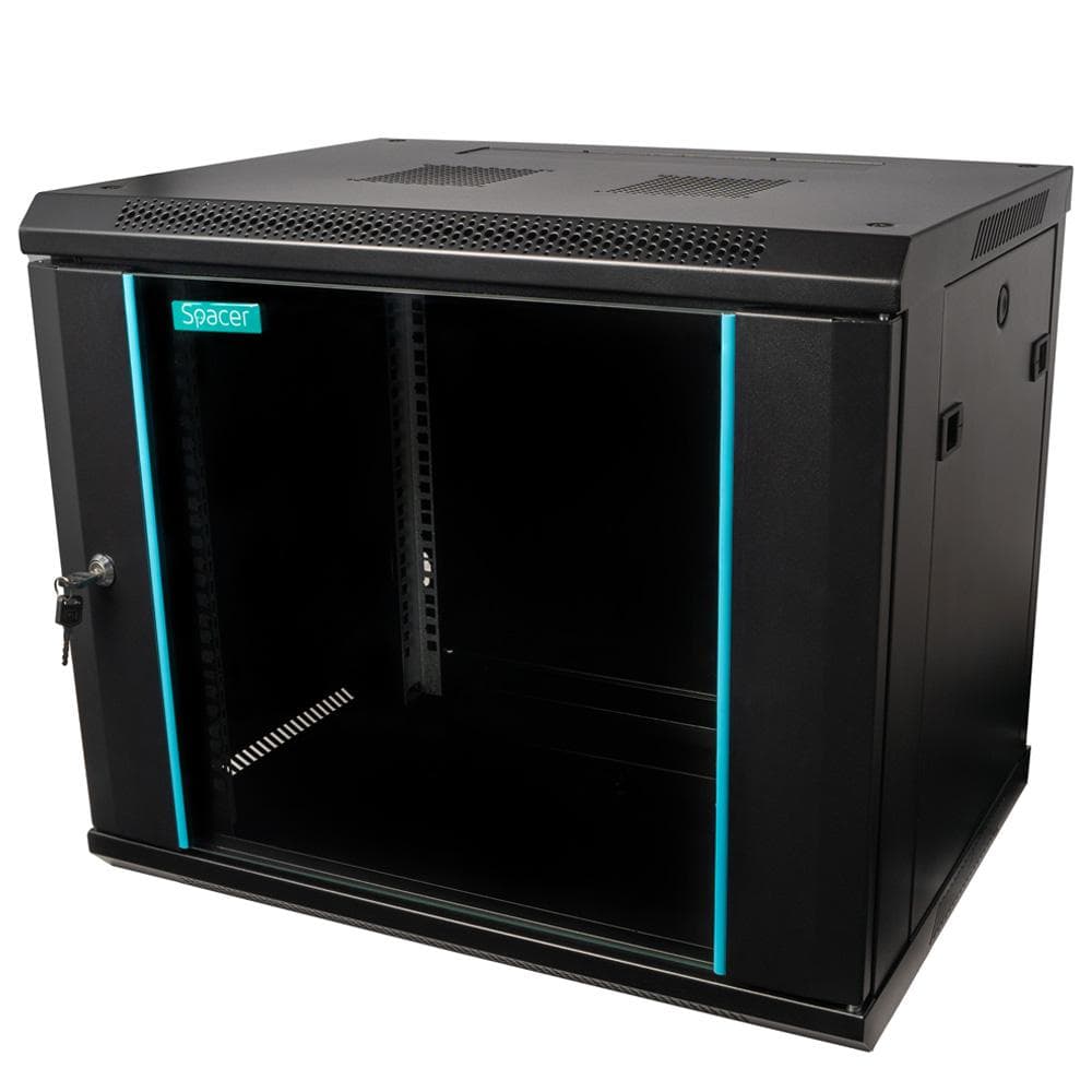 CABINET 19″ SPACER 9U 600x450mm, fixare pe perete, Flatpack (dezasamblat), Black, usa sticla cu blocare, panouri detasabile, otel 1.5mm, sarcina maxima 60Kg — miniatură