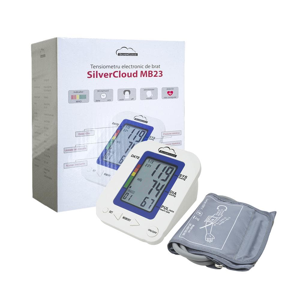 PNI Tensiometru electronic de brat SilverCloud MB23, mm Hg: 40-280, batai pe minut: 30-160, Dimensiuni:  122 X 84 X 153 mm Greutate: 284 gr (fara baterii, fara manson), 90 memorii, Alimentare 6V DC (baterii 4 x AA), Antentionare vocala in limba engleza.