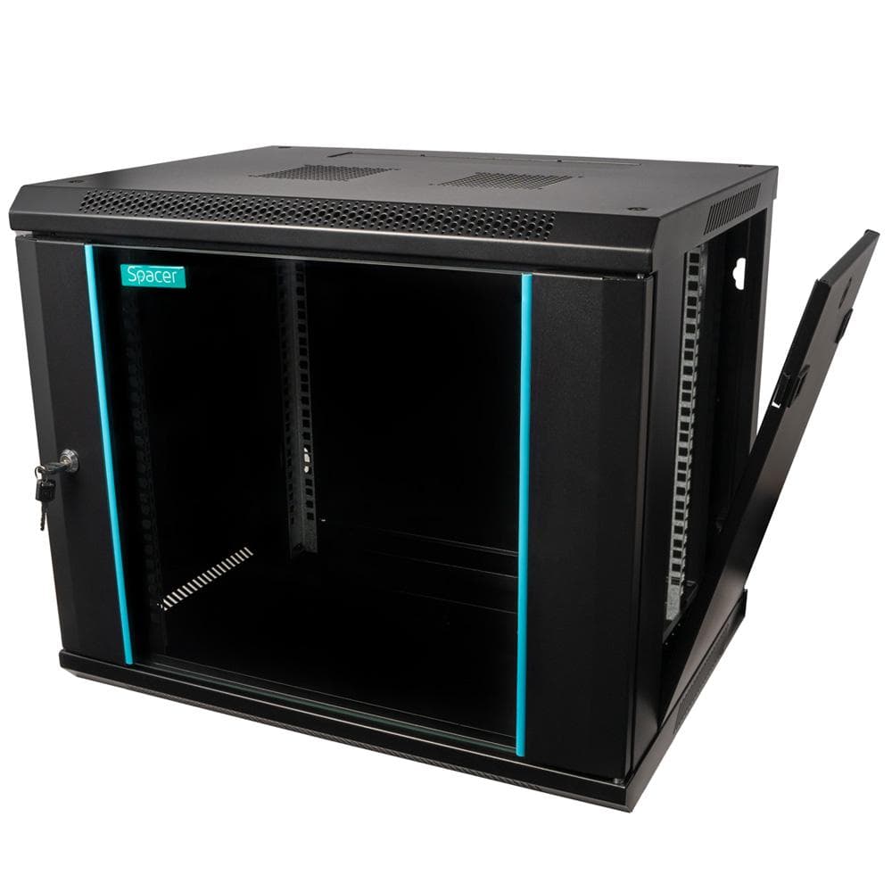 CABINET 19″ SPACER 9U 600x450mm, fixare pe perete, Flatpack (dezasamblat), Black, usa sticla cu blocare, panouri detasabile, otel 1.5mm, sarcina maxima 60Kg — miniatură