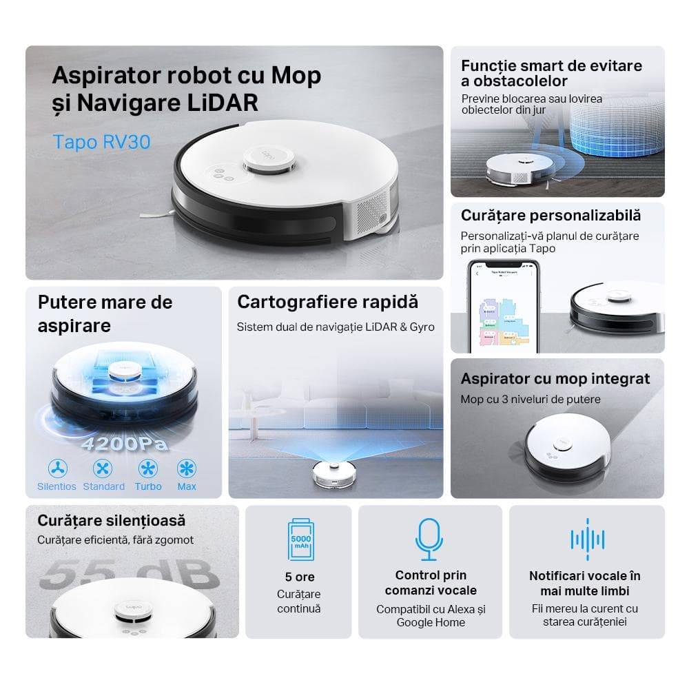 TP LINK Aspirator robot cu Mop și Navigare LiDAR TAPO RV30, Capacitate acumulator: 5000 mAh, Reincarcare si reluare, LiDAR + Gyroscope, Harta virtuala, Inaltime de trecere: 20 mm, Putere aspiratie: 4200Pa, 4 niveluri, Capacitatea recipientului de colectare: 400ml, Filtru HEPA H11, Zgomot: 55 dB (Mod — miniatură