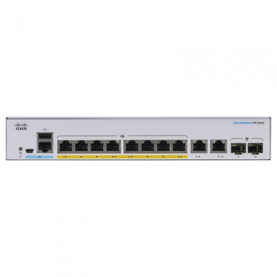Switch  CISCO CBS250-8FP-E-2G, 8 PORTURI 10/100/1000, 2 x SFP, POE 120w, Buffer: 1.5 Mb, Flash 256Mb, CPU: 800 MHz ARM , DRAM: 512 MB Dimensiuni: 268 x 185 x 44 mm, Greutate: 1.53 Kg, Consum fara POE: 220V-16.68 W, cu POE: 145.26W, Fanless, Rack-mount.