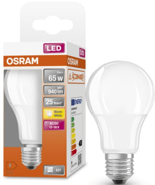 Bec LED Osram Classic A60, E27, 12-36V AC/DC, 9W (65W), 940 lm, luminacalda (2700K), nu functioneaza la 220-240V