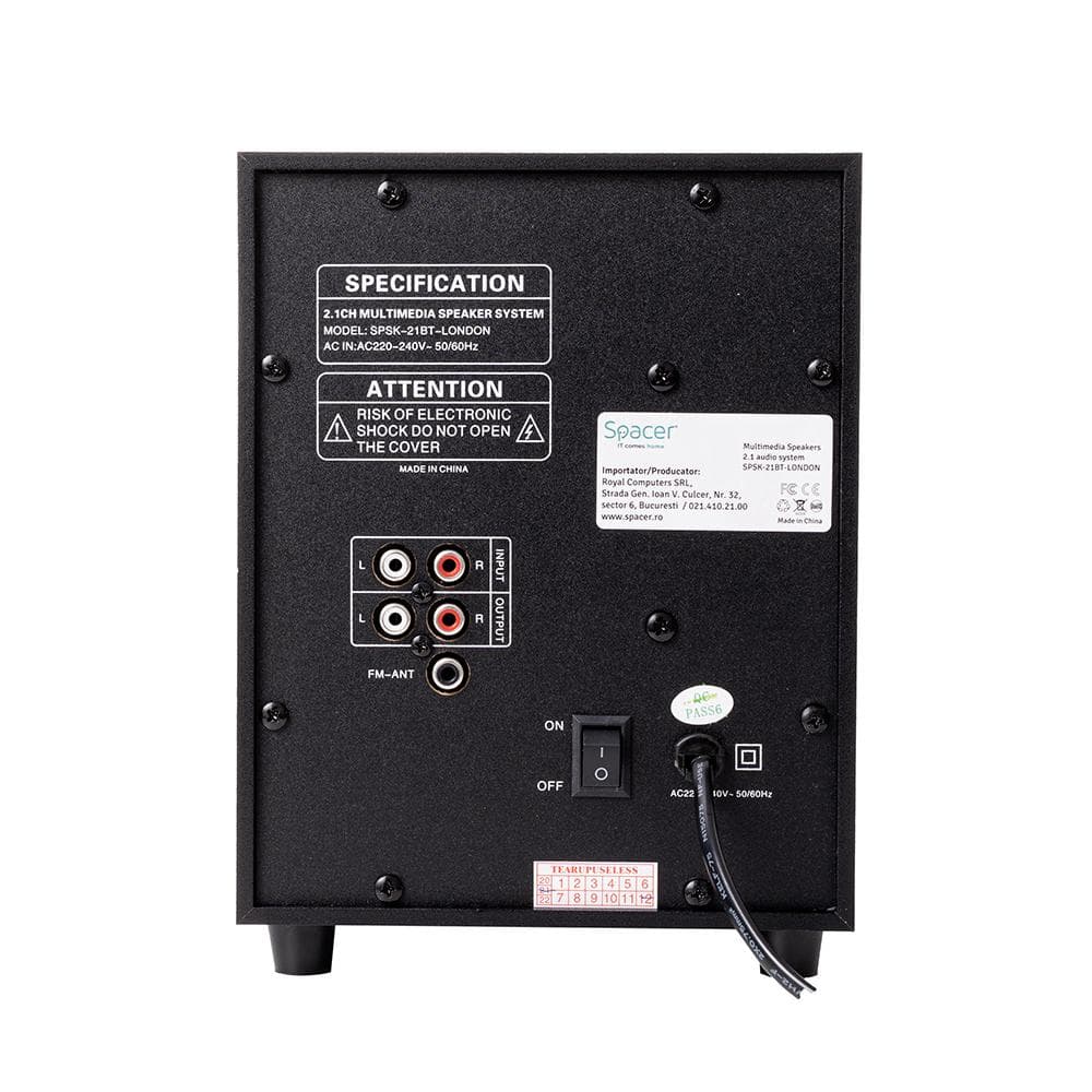 Boxe Spacer 2.1, 20W RMS (2 x 5W + 10W), alimentare 220V, conectori Bluetooth, USB, Jack 3.5mm, Radio FM, RCA, negru — miniatură