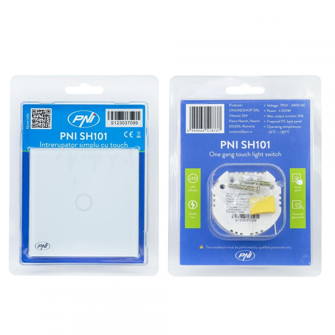 Intrerupator cu touch PNI SH101 alb cu LED indicator cu panoul frontal din sticla temperata transparenta, iar carcasa din spate rezistenta la foc. Poate fi utilizata la o putere maxima de 100W pentru becurile cu LED, iar pentru becurile clasice de maxim 200W, dIMENSIUNI: 86 X 86 X 34 mm, Butoane — miniatură