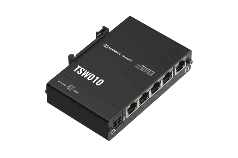 TELTONIKA INDUSTRIAL 5PORT SWITCH TSW010, Interfata: 5 x ETH port, 10/100 Mbps, supports auto MDI/MDIX crossover, Standarde retea: 802.3i, 802.3u, 802.3x, 802.3az, Latime de banda: 1 Gbps, Carcasa aluminiu, Dimensiuni: 113.1 x 27.4 x 80.5 mm, Greutate: 146.5 g, IP30 — miniatură