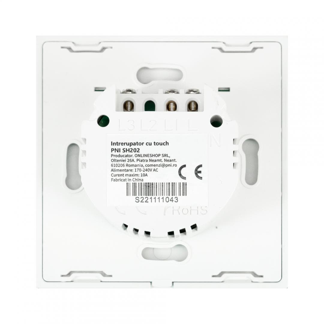 Intrerupator dublu cu touch PNI SH202 din sticla, alb cu LED indicator, Butoane iluminate - Butoane tactile - Front din sticla, Sarcina maxima suportata: 200 W, Dimensiuni: 85 X 35 X 85 mm, Greutate: 120g — miniatură