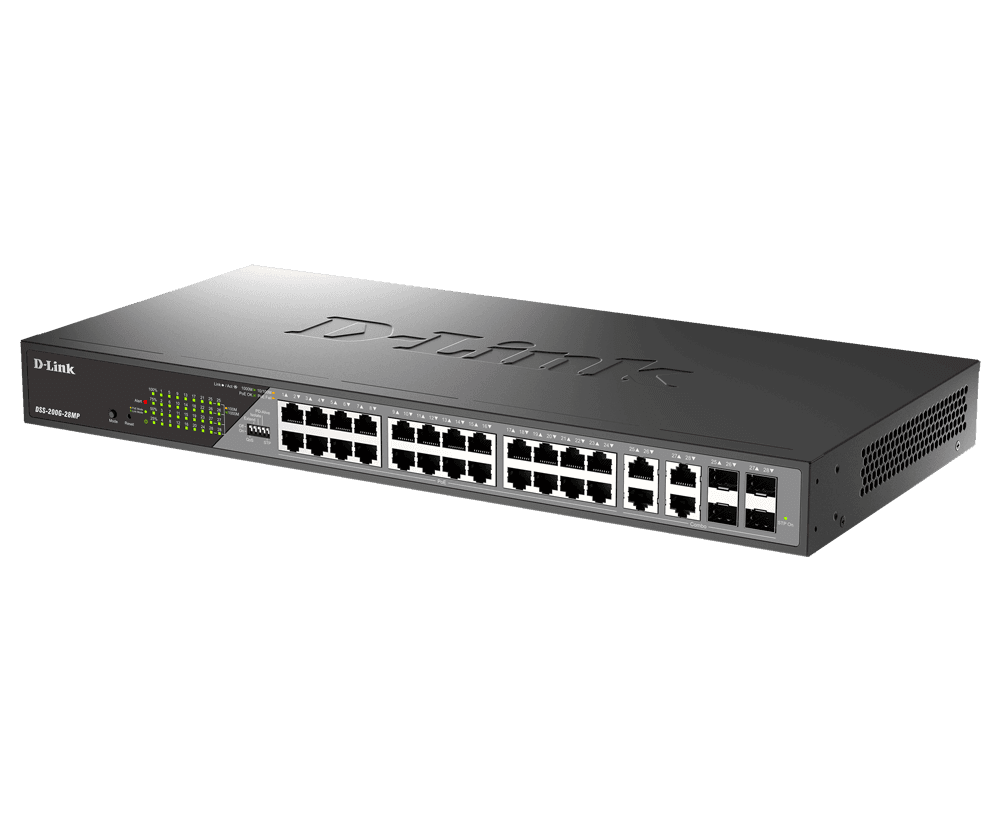 D-Link Switch DSS-200G-28MP,24 x 10/100/1000 Mbps PoE, 4 x Combo 1000 Mbps, Switching Capacity:56 Gbps, Forwarding Rate: 41.67 Mpps, Buget POE: 370 W ; 30 W/port, consum maxim: 425.9 W (PoE on) ; 25.5 W (PoE off), dimensiuni: 440 x 208 x 44 mm, Greutate: 2.86 kg.