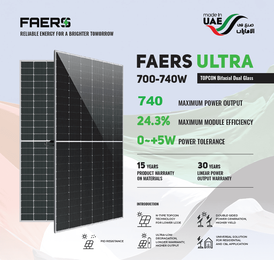 Panou Fotovoltaic Monocristalin FAERS ULTRA TOPCon, Bifacial Dual Glass, 700W, 22.55% Module Efficiency, Silver Frame, 2384x1303x35mm, IP68, 132 celule 2x[11X6]