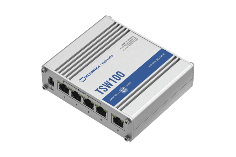 TELTONIKA INDUSTRIAL 5PORT Unmanaged POE+ Switch TSW100, Interfata: 5 x ETH ports, 10/100/1000 Mbps, supports auto MDI/MDIX crossover, Standarde retea: 802.3i, 802.3u, 802.3ab, 802.3x, 802.3az, 802.3ad, Porturi POE:1-4, POE Budget: 120W, Latime de banda: 10 Gbps, Carcasa aluminiu: Dimensiuni: 115 x — miniatură