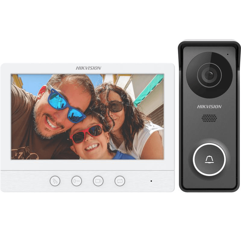 Kit videointerfon Hikvision DS-KIS213(B), caracteristici post exterior: IR: 3m, rezolutie: 1280 * 720@60fps, microfon si difuzor inclus, 1 buton, alimentare: 12 VDC, temperatura de functionare: -30° C to + 60° C, caracteristici post interior: ecran 7-inch colorful TFT, 4 butoane, rezolutie: 1024 x