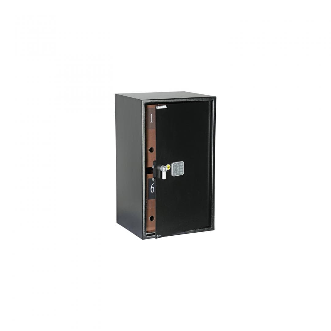 Seif Yale standard mare birou YSV/695; Livrare cu 2 chei; Raft ajustabil pentru obiecte mari; Depozit chei ajustabil, pana la 20 chei, Corp otel pregaurit, livrare cu bolturi fixare; Poate depozita laptop de 17"; Volum 89.2 litri; Usor de actionat tastatura digitala