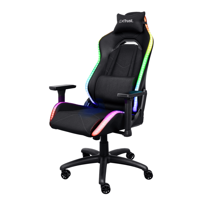 Scaun gaming Trust GXT 719 Ruya, iluminare RGB, 5 roti, ridicare pe gaz clasa 4, adjustabil pe inaltime, material piele PU si plastic, greutate maxima suportata 150 kg, negru — miniatură