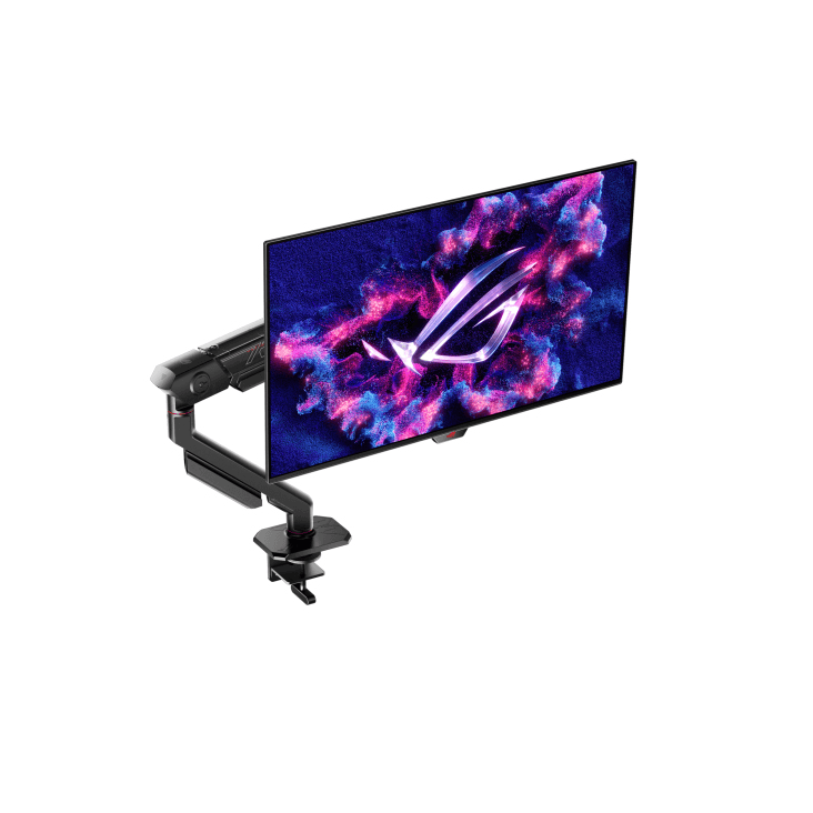 ASUS AAS01 – ROG Ergo Arm. Mounting: Clamp, Maximum weight capacity: 11.5 kg, Maximum screen size: 86.4 cm (34"), Minimum VESA mount: 100 x 100 mm, Maximum VESA mount: 100 x 100 mm. Height adjustment, Swivel angle range: -90 - 90°, Tilt angle range: -25 - 80°. Product colour: Black — miniatură