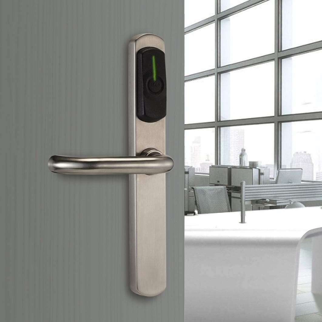 ARIES SMART 2.O. Set maner electronic, IP54, sofware ARGO/RFID.13,56 MHz. BLUETOOTH SMART 5.0, 2 baterii(durata max 2 ani/max 20.000 de cicluri), buton privacy, gestionare cu smartphone, card, tag, smartwatch. Se poate instala pe usi din lemn, metal, aluminiu si pvc. Finisaj inox.