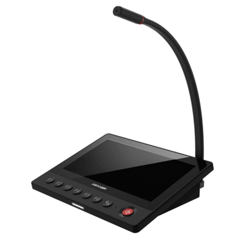 Microfon de birou cu afisaj 7" LCD Hikvision DS-QAZ1MP7G1 Gooseneck, suporta transmisie live, programate, de urgenta, TTS, suporta intrare audio 3.5 mm, protocol retea: ISAPI, ISUP, alimentare: 12 VDC, max.10 W.