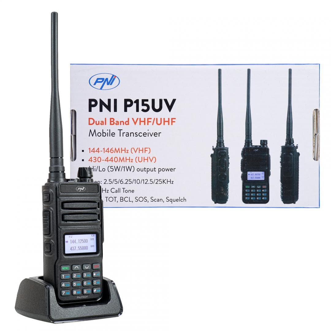 Statie radio portabila VHF/UHF PNI P15UV dual band, PNI-P15UV, 144-146MHz/430-440Mhz, 999CH, cu acumulator 1500 mAh, Canale programabile: 999, Pas frecventa: 2.5/5/6.25/10/12.5/25KHz, Capacitate baterie: 1500mAh Li-Ion, antena: 50 Ohmi, Dimensiuni: 57 x 35 x 270 mm (antena inclusa), 242 grame — miniatură