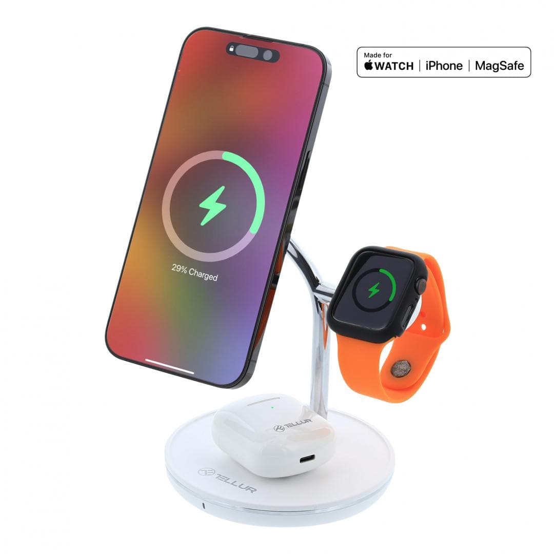 Incarcator wireless birou Tellur, 3-in-1, MFI, certificat MagSafe 15W, Watch 2.5W, TWS 5W, alb — miniatură