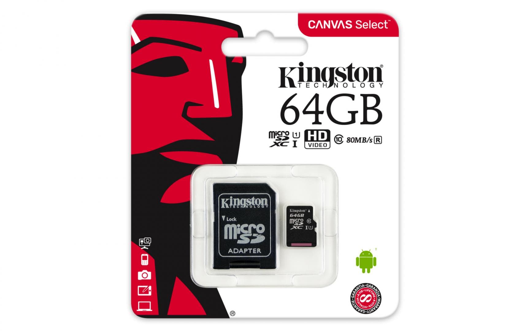 Card de Memorie MicroSDXC Kingston, 64GB, Canvas Select 80R, Clasa 10 UHS-I, R/W 80/10 MB/s, include adaptor SD, (pentru telefon)
