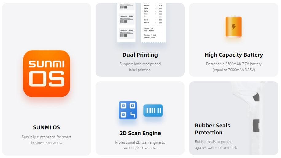 SUNMI MOBILE T5940 V2s - Wireless data POS System, V2s Android 11, 3GB + 32GB, 8MP + 2MP camera, micro SD, EU 4G, NFC, 2xSIM, printer + label printer,1D/2D scanner, GMS — miniatură
