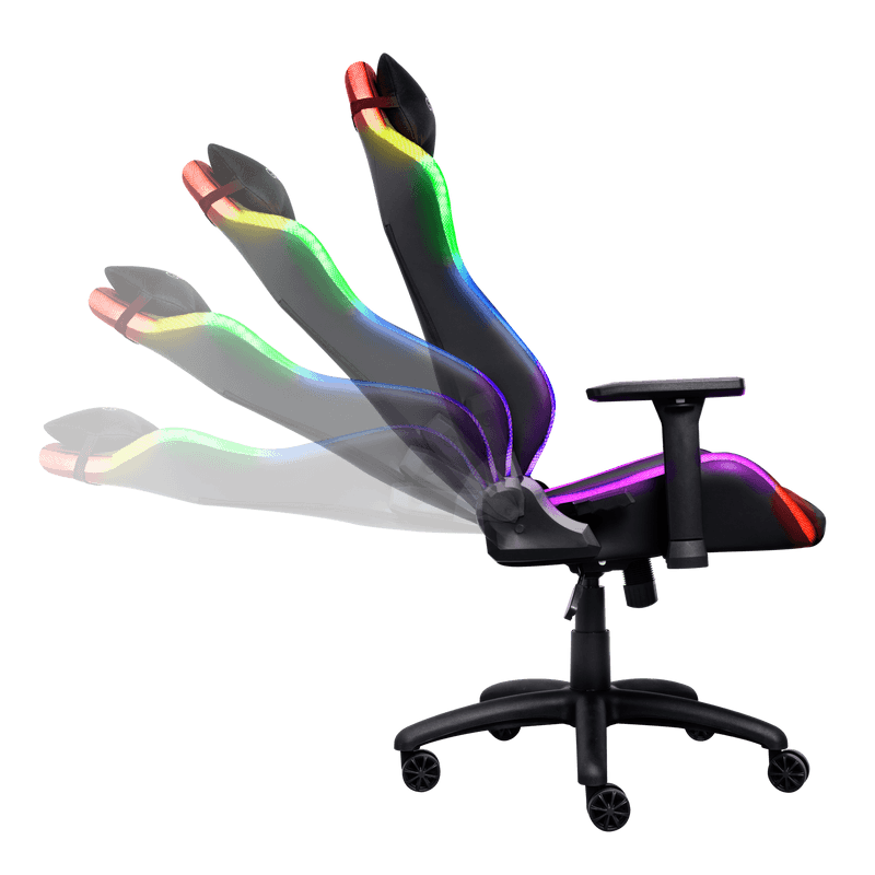 Scaun gaming Trust GXT 719 Ruya, iluminare RGB, 5 roti, ridicare pe gaz clasa 4, adjustabil pe inaltime, material piele PU si plastic, greutate maxima suportata 150 kg, negru — miniatură