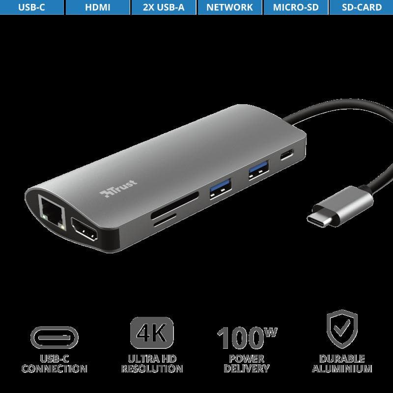 Hub USB Trust Dalyx, USB-C, 7 porturi, HDMI, RJ-45, Negru — miniatură