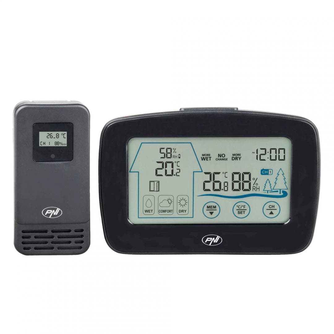 Statie meteo PNI MS500 cu senzor extern fara fir, afiseaza temperatura si umiditatea interioara si exterioara, memorie valori climaterice minime si maxime, Alimentare: 3 x baterii AAA 1.5V, Interval masurare: -9.9°C ~ +50°C / +14°F ~ +122°C, Interval masurare umiditate: 20% ~ 95%RH, Afisare ora — miniatură