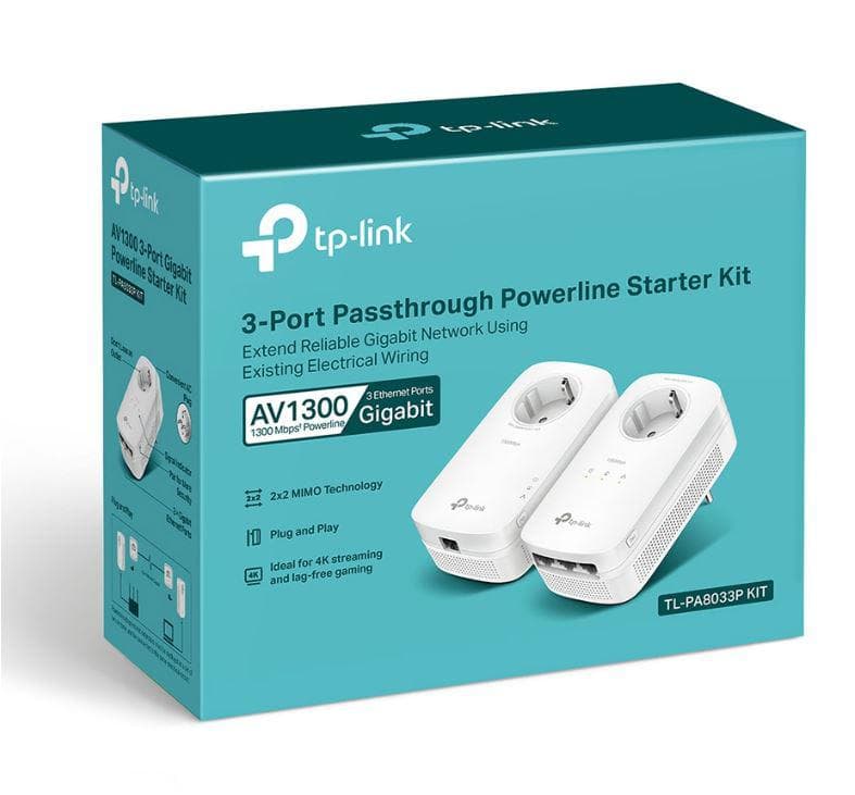 TP-Link Kit Gigabit Powerline Passthrough cu 3 Porturi AV1300, TL- PA8033P KIT, Standarde si Protocoale: HomePlug AV1.1, HomePlug AV2.0,IEEE 1901,IEEE 802.3,IEEE 802.3x, IEEE 802.3u, IEEE 802.3ab, Interfata: 3 x 10/100/1000 RJ45, 1 x priza alimentare, Consum: Max 5.5W, Dimensiuni: 131 x 71x 42 mm — miniatură