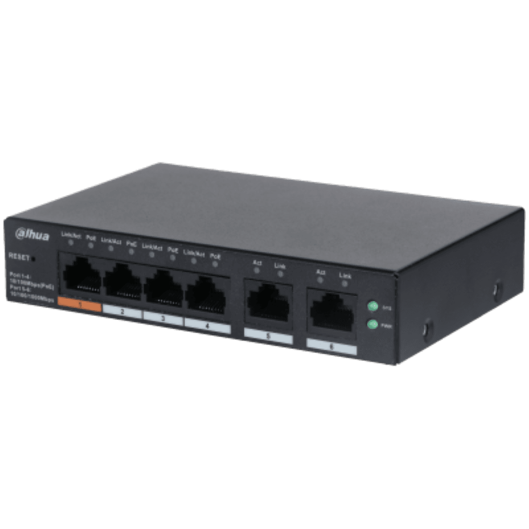 DAHUA 6 port Managed Desktop switch, CS4006-4ET-60, Interfata: Port 1-4: 4 × RJ-45 10/100 Mbps (PoE); Port 5-6: 2 × RJ-45 10/100/1000 Mbps (uplink), Managd, Layer 2, Switching Capacity: 4.8 Gbps, Packet Forwarding Rate, 3.57 Mpps, Standarde retea: IEEE802.3; IEEE802.3u; IEEE802.3x; IEEE802.3ab