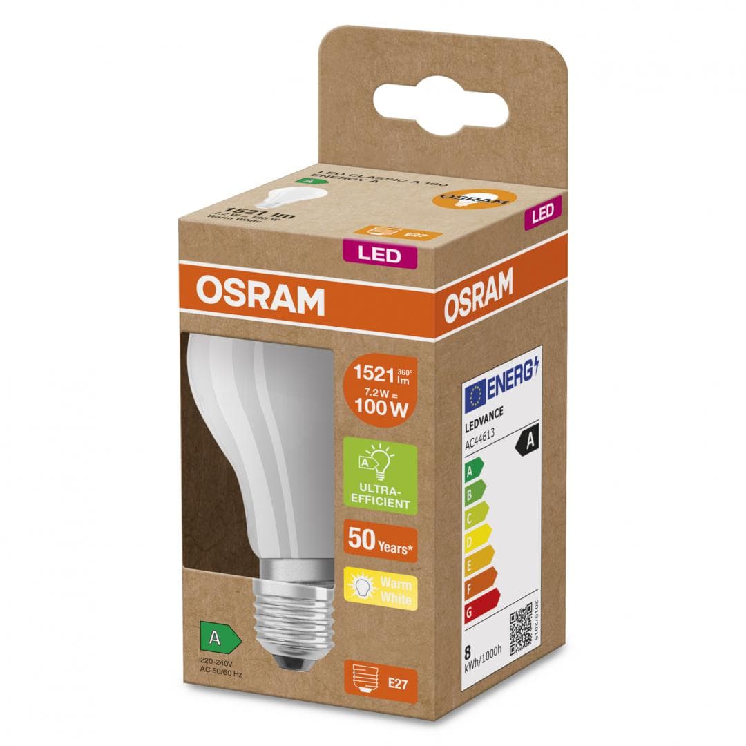 Bec LED Osram Classic A60, Ultra Efficient Light, E27, 7.2W (100W), 1521 lm, lumina calda (3000K) — miniatură