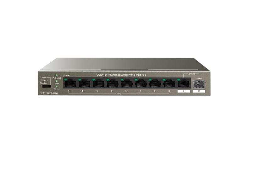 Tenda switch TEG1110PF-8-102W, 9GE+1SFP Ethernet Switch, 8-Port PoE, interfata: 8 * 10/100/1000 Mbps Base-T Ethernet ports (Data/Power), 1 * 10/100/1000 Mbps Base-T Ethernet port (Data), 1 * 100/1000 Mbps Base-X SFP port, standarde retea: IEEE 802.3 IEEE 802.3u, IEEE 802.3ab, IEEE 802.3x, IEEE