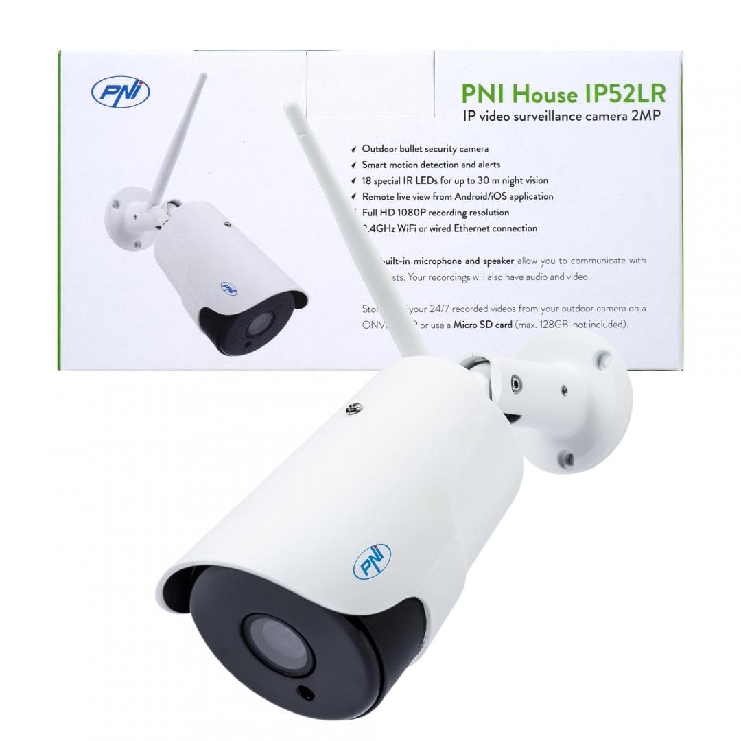 Camera supraveghere video PNI House IP52LR 2MP 1080P wireless cu IP de exterior si interior si slot microSD, mod noapte, Senzor imagine: CMOS 1/2.8", lentila: 3.6mm, Unghi de vizualizare: 80°, Compresie imagine: H.264, 30 FPS, Microfon integrat, Difuzor integrat, wireless: 2.4 Ghz 802.11b/g/n — miniatură